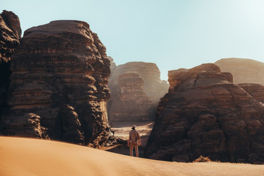 Expansive red sands and spectacular sandstone rock formations, Hisma Desert – NEOM, Saudi Arabia
