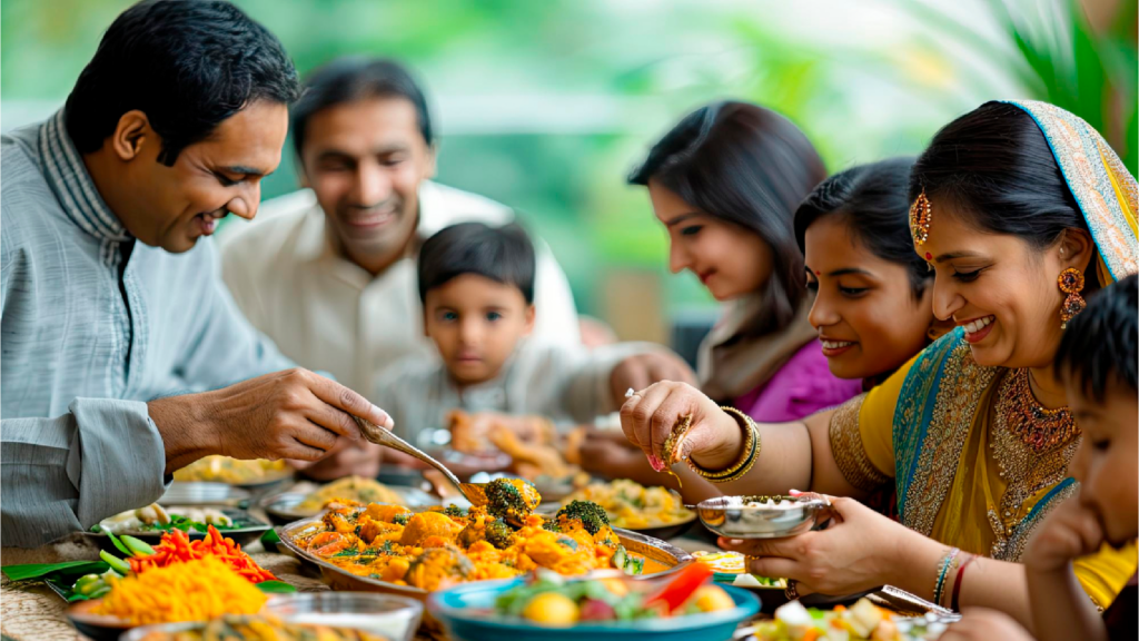 A joyful gathering of an Indian family dining, illustrating the warmth of family ties, pivotal for applicants of the UK India Young Professionals Scheme considering relocating with dependents
