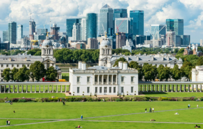 Greenwich Park with a view of Canary Wharf, symbolizing UK's tech growth