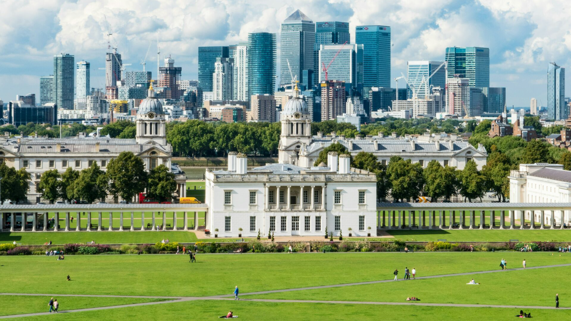 Greenwich Park with a view of Canary Wharf, symbolizing UK's tech growth