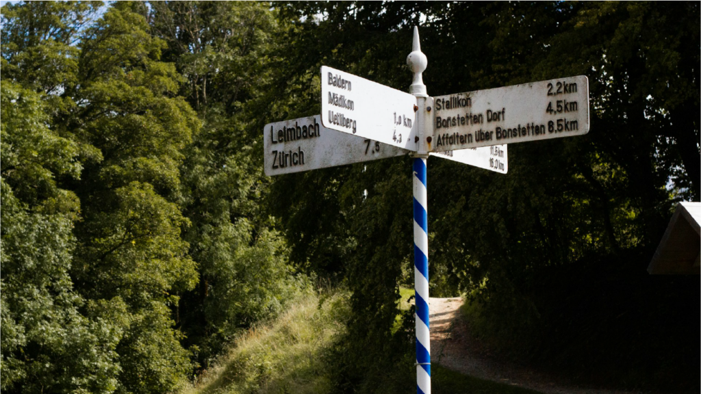 Rural crossroad signpost near Zurich with multiple directions to Swiss villages, nestled in a lush forest.