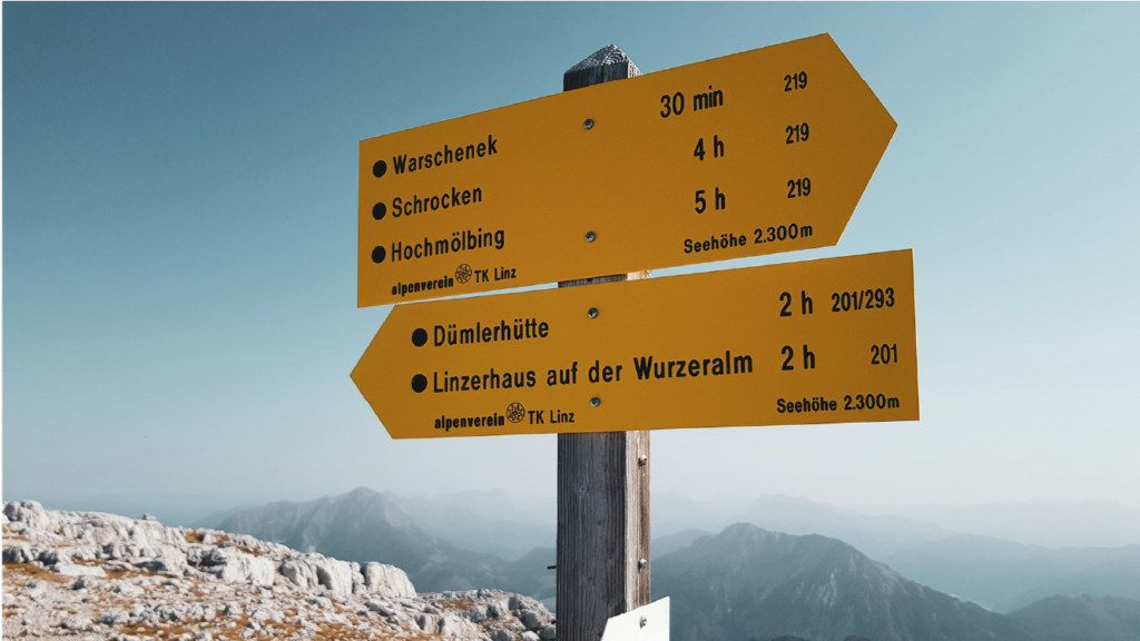 Bright yellow mountain trail signposts with destination names and hiking times against a backdrop of the Austrian Alps.