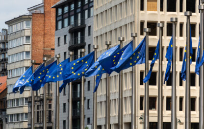 Row of European Union Blue Flags against Buildings in City of Brussels, Belgium